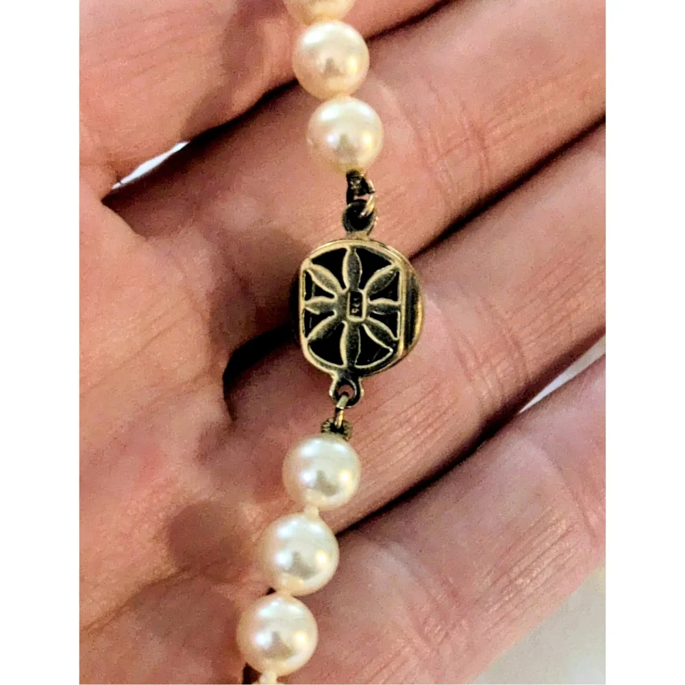 Vintage Gold Over Sterling Silver Knotted Glass Pearl Necklace w Box Clasp 24